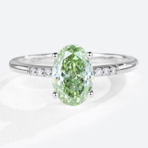 1.5ct Oval Lab Green Diamonds​ Ring Pavé 4-Prong Engagement Ring in White Gold