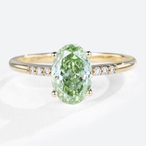 1.5ct Oval Lab Green Diamonds​ Ring Pavé 4-Prong Engagement Ring in Yellow Gold