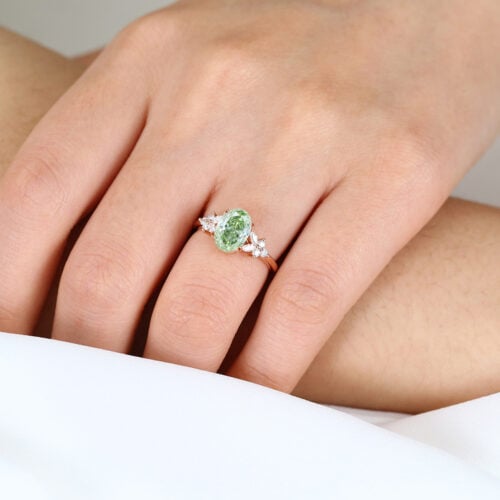 1.5ct Lab Fancy Green Diamond Ring Petal-Inspired 4 Double Claw Bridal Ring in Rose Gold