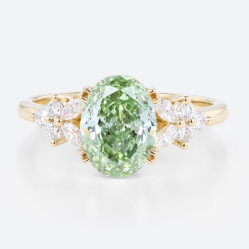 1.5ct Lab Fancy Green Diamond Ring Petal-Inspired 4 Double Claw Bridal Ring in Yellow Gold