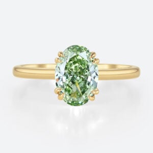 1.5ct Oval Cut Solitaire Lab Green Diamond Ring 4 Double Claw Prong Engagement Ring in Yellow Gold