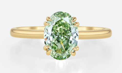 1.5ct Oval Cut Solitaire Lab Green Diamond Ring 4 Double Claw Prong Engagement Ring in Yellow Gold