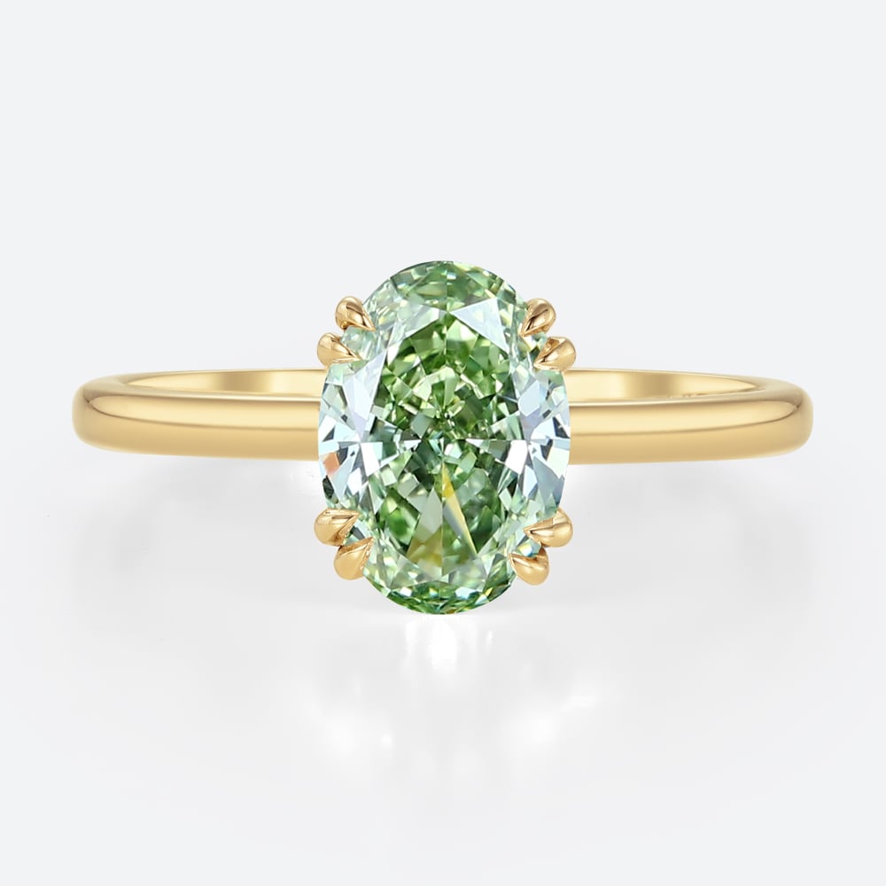 1.5ct Oval Cut Solitaire Lab Green Diamond Ring 4 Double Claw Prong Engagement Ring in Yellow Gold