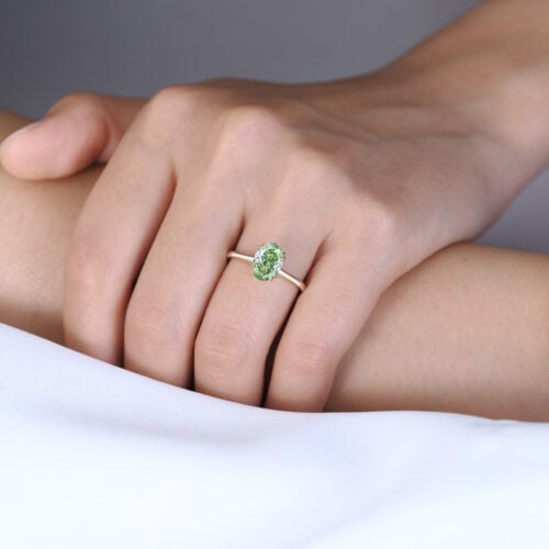 1.5ct Oval Cut Solitaire Lab Green Diamond Ring 4 Double Claw Prong Engagement Ring in Yellow Gold