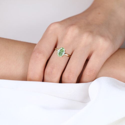 1.5ct Oval Cut Solitaire Lab Green Diamond Ring 4 Double Claw Prong Engagement Ring in Yellow Gold