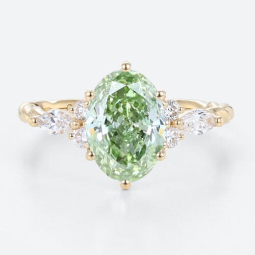 1.5ct Oval Lab Green Diamond Ring Twisted 6-Prong Engagement Ring in Yellow Gold