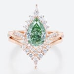 1.5ct Lab Green Diamond Ring Set Pear Cut Fancy Green Crown Design 4-Prong Bridal Ring Set in Rose Gold