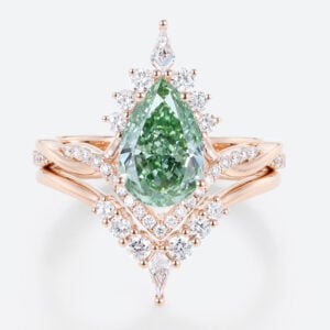 1.5ct Lab Green Diamond Ring Set Pear Cut Fancy Green Crown Design 4-Prong Bridal Ring Set in Rose Gold