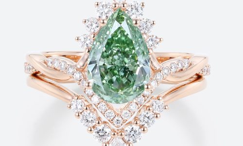 1.5ct Fancy Green VS+ Pear Cut Lab Grown Green Diamond Crown Design 4-Prong Bridal Ring Set (1) 1.5ct Lab Green Diamond Ring Set Pear Cut Fancy Green Crown Design 4-Prong Bridal Ring Set in Rose Gold
