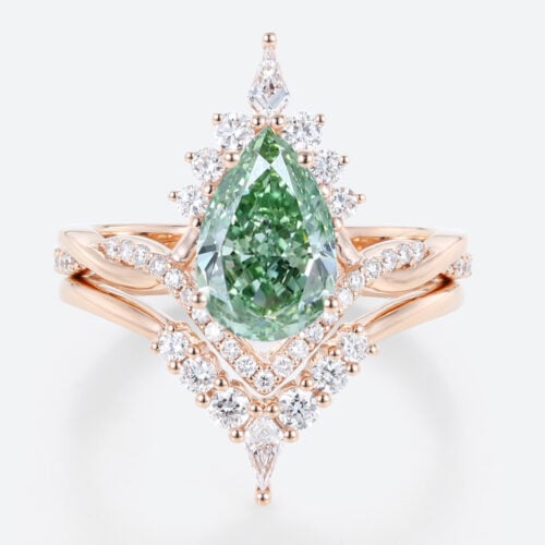 1.5ct Lab Green Diamond Ring Set Pear Cut Fancy Green Crown Design 4-Prong Bridal Ring Set in Rose Gold