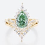 1.5ct Lab Green Diamond Ring Set Pear Cut Fancy Green Crown Design 4-Prong Bridal Ring Set in Yellow Gold
