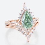 1.5ct Lab Green Diamond Ring Set Pear Cut Fancy Green Crown Design 4-Prong Bridal Ring Set in Rose Gold