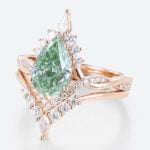 1.5ct Lab Green Diamond Ring Set Pear Cut Fancy Green Crown Design 4-Prong Bridal Ring Set in Rose Gold