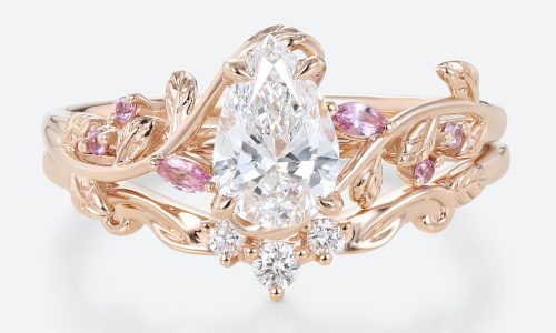 1ct Pear Cut Lab Grown Diamond Ring Set Vine & Twig Bridal Ring in Rose Gold