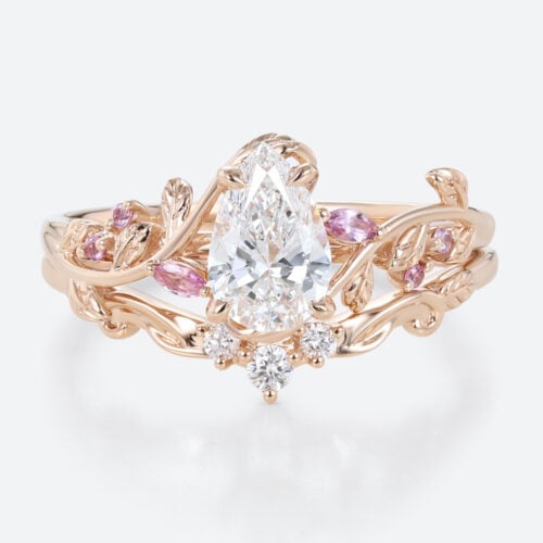 1ct Pear Cut Lab Grown Diamond Ring Set Vine & Twig Bridal Ring in Rose Gold