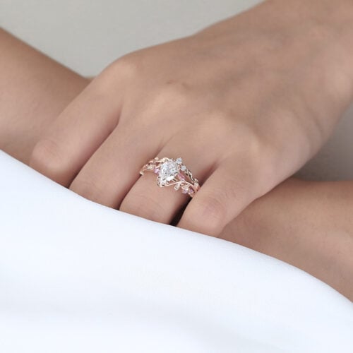 1ct Pear Cut Lab Grown Diamond Ring Set Vine & Twig Bridal Ring in Rose Gold