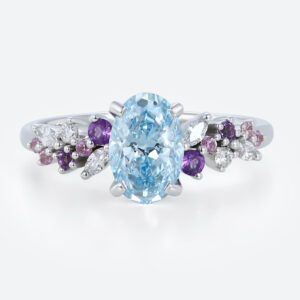 1ct Blue Diamond Ring​ Oval Fancy Blue Floral Cluster 4-Prong Engagement Ring in White Gold