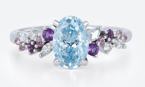 1ct Blue Diamond Ring​ Oval Fancy Blue Floral Cluster 4-Prong Engagement Ring in White Gold