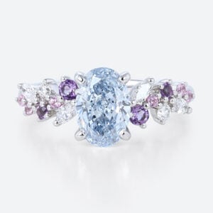 1ct Blue Diamond Ring​ Oval Fancy Blue Floral Cluster 4-Prong Engagement Ring in White Gold