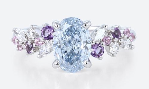 1ct Fancy Blue VS+ Oval Cut Lab Grown Blue Diamond Floral Cluster 4-Prong Engagement Ring (1) 1ct Blue Diamond Ring Oval Fancy Blue Floral Cluster 4-Prong Engagement Ring in White Gold