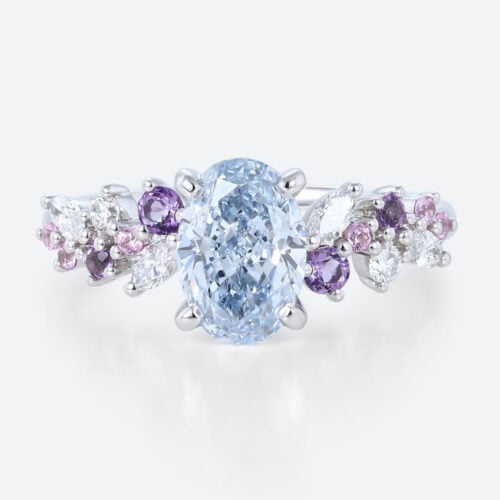 1ct Blue Diamond Ring​ Oval Fancy Blue Floral Cluster 4-Prong Engagement Ring in White Gold