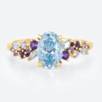 1ct Blue Diamond Ring​ Oval Fancy Blue Floral Cluster 4-Prong Engagement Ring in Yellow Gold