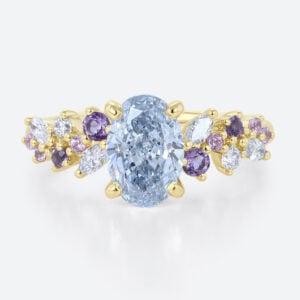 1ct Blue Diamond Ring​ Oval Fancy Blue Floral Cluster 4-Prong Engagement Ring in Yellow Gold