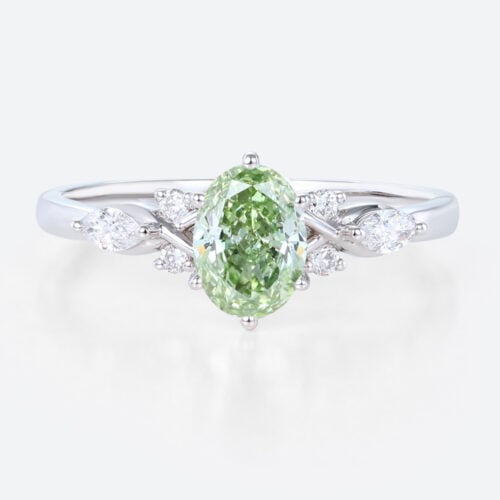 1ct Oval Green Diamond​ Ring Cluster Fancy Lab Green Diamond 6-Prong Engagement Ring in White Gold