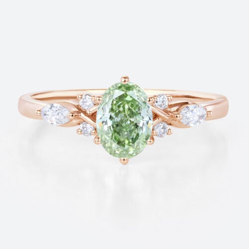 1ct Oval Green Diamond​ Ring Cluster Fancy Lab Green Diamond 6-Prong Engagement Ring in Rose Gold