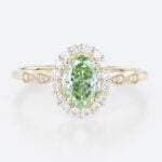 1ct Halo Lab Diamond Ring Oval Cut Fancy Green Milgrain 4-Prong Engagement Ring in Yellow Gold