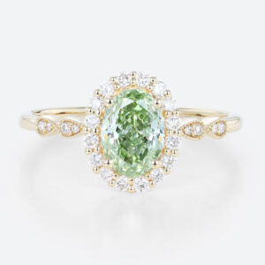 1ct Halo Lab Diamond Ring Oval Cut Fancy Green Milgrain 4-Prong Engagement Ring in Yellow Gold