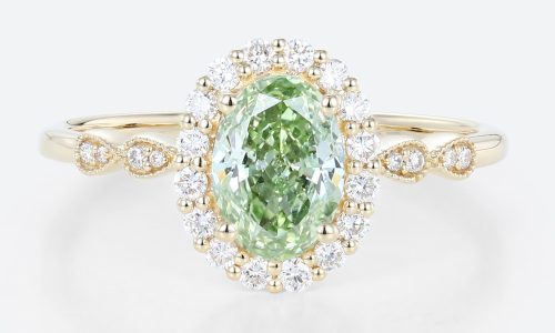 1ct Fancy Green VS+ Oval Cut Lab Grown Green Diamond Halo Milgrain 4-Prong Engagement Ring (1) 1ct Halo Lab Diamond Ring Oval Cut Fancy Green Milgrain 4-Prong Engagement Ring in Yellow Gold