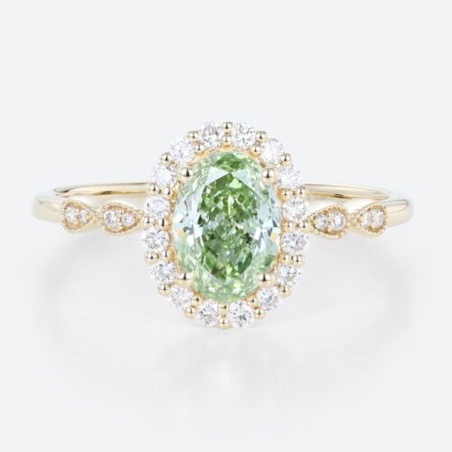 1ct Halo Lab Diamond Ring Oval Cut Fancy Green Milgrain 4-Prong Engagement Ring in Yellow Gold
