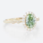 1ct Halo Lab Diamond Ring Oval Cut Fancy Green Milgrain 4-Prong Engagement Ring in Yellow Gold