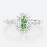 1ct Halo Lab Diamond Ring Oval Cut Fancy Green Milgrain 4-Prong Engagement Ring in White Gold