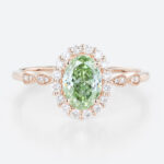 1ct Halo Lab Diamond Ring Oval Cut Fancy Green Milgrain 4-Prong Engagement Ring in Rose Gold