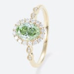 1ct Halo Lab Diamond Ring Oval Cut Fancy Green Milgrain 4-Prong Engagement Ring in Yellow Gold