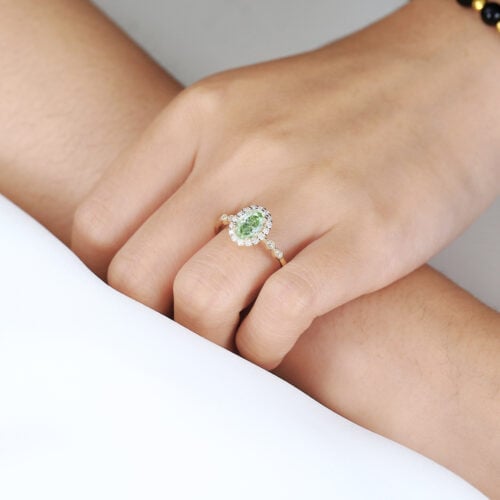 1ct Halo Lab Diamond Ring Oval Cut Fancy Green Milgrain 4-Prong Engagement Ring in Yellow Gold