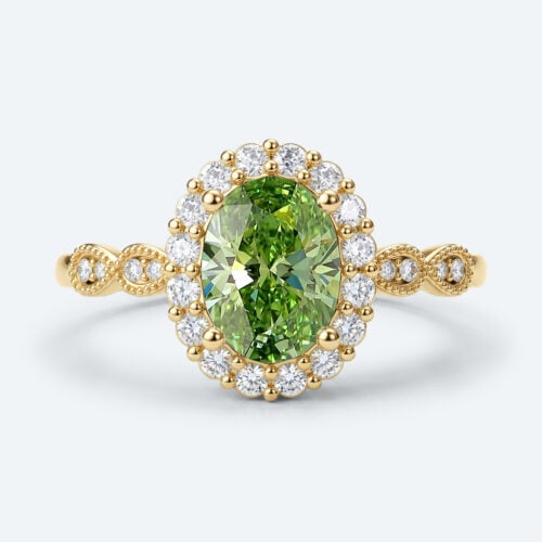 1ct Fancy Green VS+ Oval Cut Lab Grown Green Diamond Halo Milgrain 4-Prong Engagement Ring in Yellow Gold
