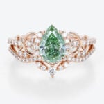 1ct Lab Green Diamond Ring Set Pear Cut Fancy Green Luxurious 4-Prong Bridal Ring Set in Rose Gold
