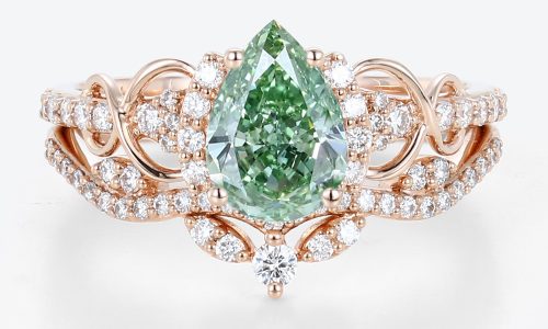 1ct Fancy Green VS+ Pear Cut Lab Grown Green Diamond Luxurious 4-Prong Bridal Ring Set (1) 1ct Lab Green Diamond Ring Set Pear Cut Fancy Green Luxurious 4-Prong Bridal Ring Set in Rose Gold