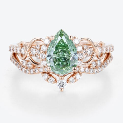 1ct Lab Green Diamond Ring Set Pear Cut Fancy Green Luxurious 4-Prong Bridal Ring Set in Rose Gold