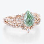 1ct Lab Green Diamond Ring Set Pear Cut Fancy Green Luxurious 4-Prong Bridal Ring Set in Rose Gold