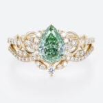 1ct Lab Green Diamond Ring Set Pear Cut Fancy Green Luxurious 4-Prong Bridal Ring Set in Yellow Gold