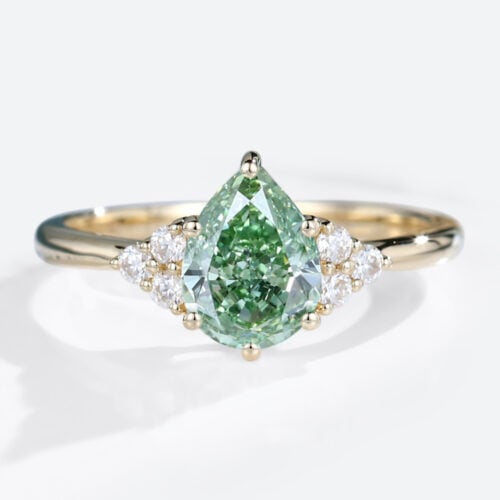 1ct Pear Shaped Lab Green Diamonds Ring Cluster 6-Prong Engagement Ring in Yellow Gold