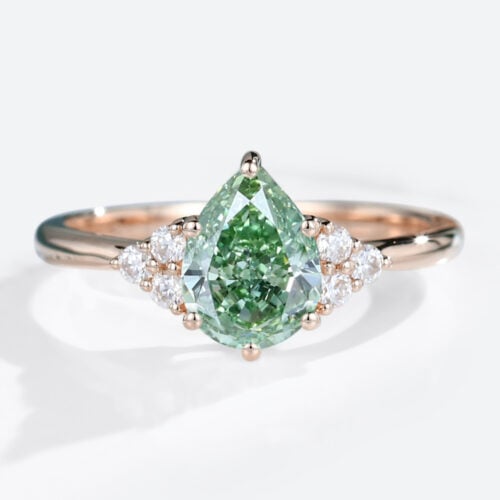 1ct Pear Shaped Lab Green Diamonds Ring Cluster 6-Prong Engagement Ring in Rose Gold