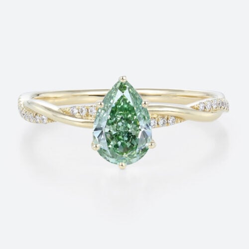 1ct Interlaced Lab Green Diamond Ring Pear Shaped Fancy Green Pavé Diamond Engagement Ring in Yellow Gold
