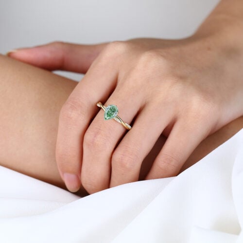 1ct Interlaced Lab Green Diamond Ring Pear Shaped Fancy Green Pavé Diamond Engagement Ring in Yellow Gold