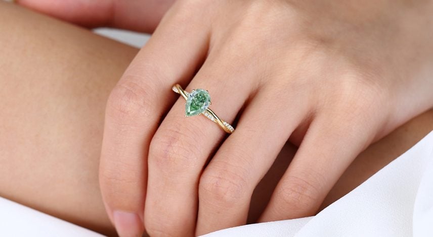 1ct Fancy Green VS+ Pear Shaped Lab Grown Green Diamond Interlaced Pavé 6-Prong Engagement Ring (2) Lab-Grown Green Diamond Rings-1ct Interlaced Lab Green Diamond Ring Pear Shaped Fancy Green Pavé Diamond Engagement Ring in Yellow Gold