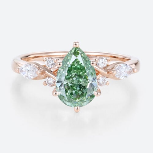 1ct Lab Green Diamond​ Ring Pear Cut Modern 6-Prong Engagement Rings in Rose Gold
